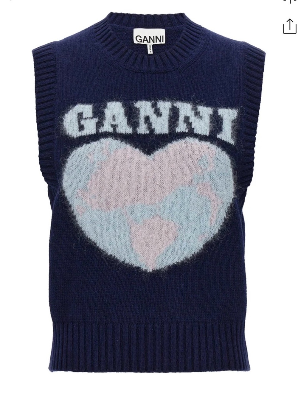 Ganni Navy Sleeveless Knit Vest with Pastel Heart